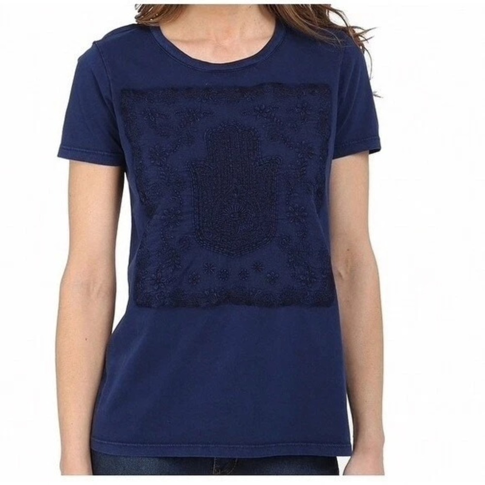 Ladies' Lucky Brand Lucky Lotus‎ Embroidered Hamsa Hand Tee Shirt Blue Sz L B14